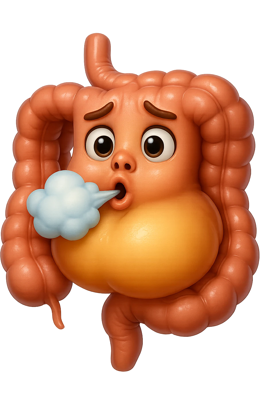 emoji stile iphone di un intestino che ingoia una nuvoletta di aria ben visibile e gli si gonfia la pancia, non fargli il naso, iperrealistico 4k emoji