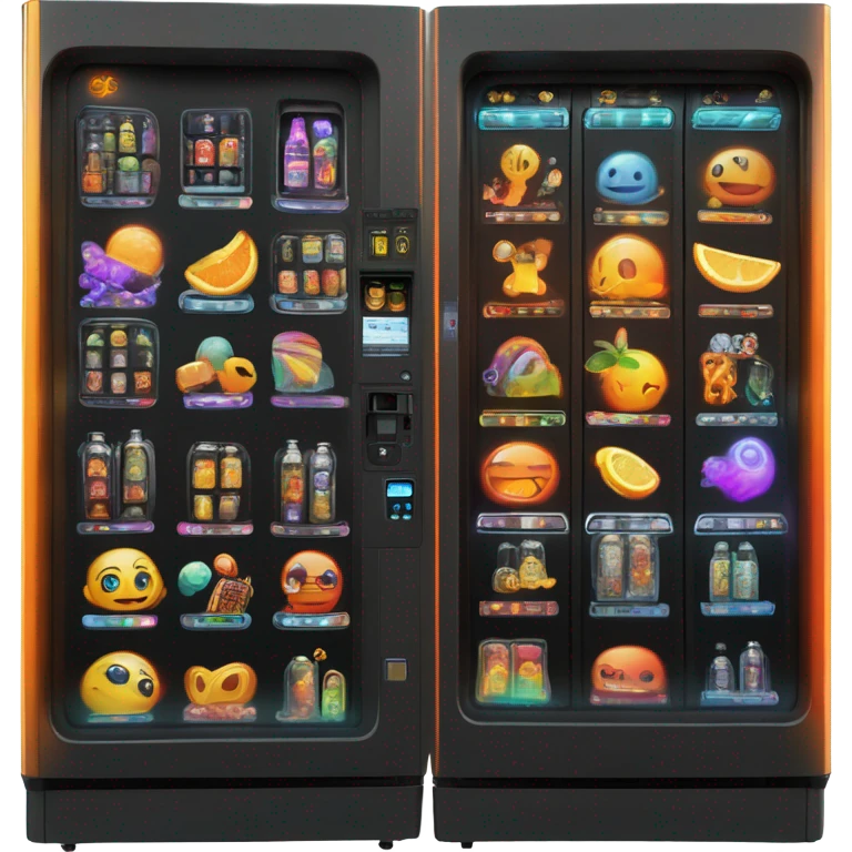scifi vending machine, sci-fi concept machine, orange and black, rainbow lights emoji