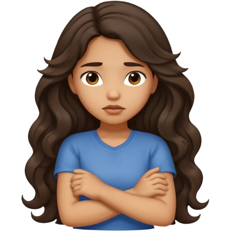 Hispanic tan ish girl with long dark wavy hair crossing her arms and slightly pouting emoji