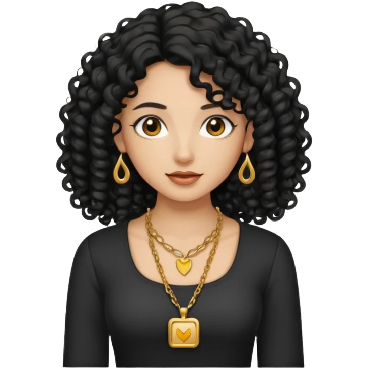 A tan girl with long black  curly hair, a gold necklace, and a square neckline shirt emoji