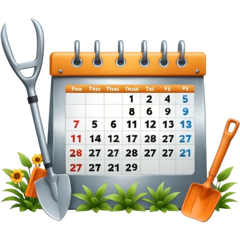 calendar icon with garden tools near. Transparent background emoji