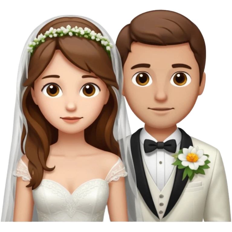 A woman with long brown hair and fair skin wearing a wedding dress and veil. A man with short brown hair and fair skin (clean-shaven) wearing a white suit with a flower.
 emoji