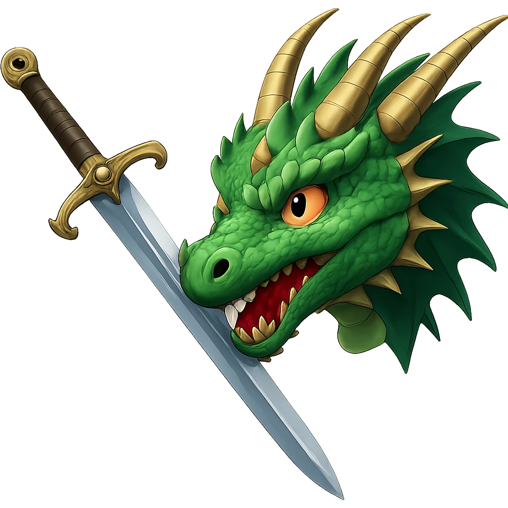 Make the sword much larger, keeping the fierce green dragon head and the medieval sword in confrontation. The background should be transparent. Maintain the style and details of the original image. emoji