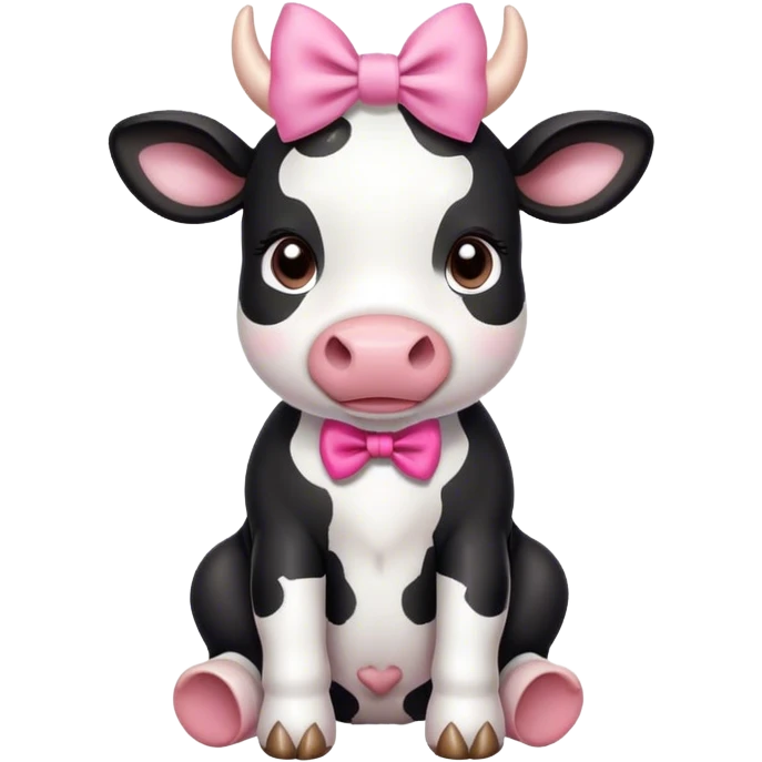 Cute black and white cow with a pink bow sitting down emoji
