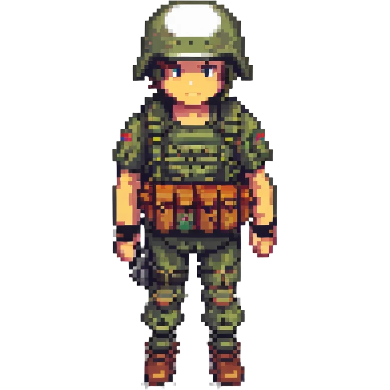 pixel art style soldier with gun, chest rig, backpack, and helmet emoji