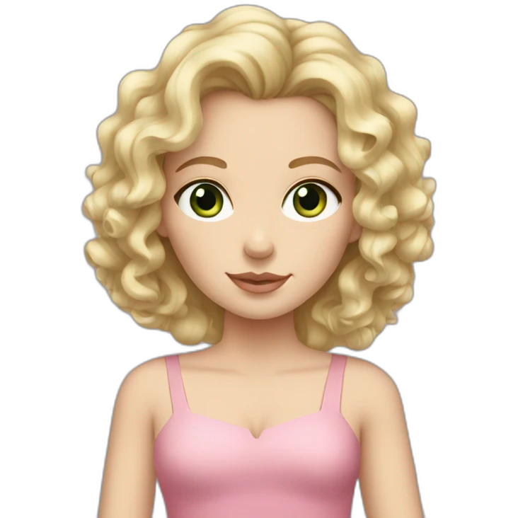 White girl with curly blonde hair grey-green eyes, pink dress emoji
