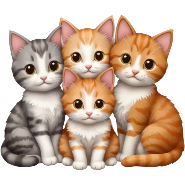 6 tiny kittens cuddling together all different colours, the first one is grey and white, the second is ginger and white and the third is brown tabby and white emoji