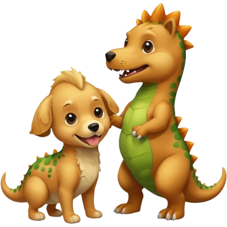 a golden retriever with a dinosaur costume thats unaliving a chihuahua thats in a dinosuar costume emoji