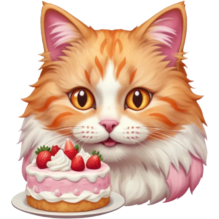 Close-up portrait of a fluffy cat eating a strawberry cake, pink cream on its nose and whiskers, detailed fur texture, soft natural light, shallow depth of field, high resolution, cute and candid moment
, emoji