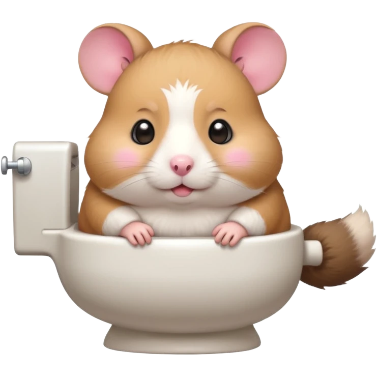 Cute chubby cartoon-style hamster sitting on toilet, sticker-style illustration emoji