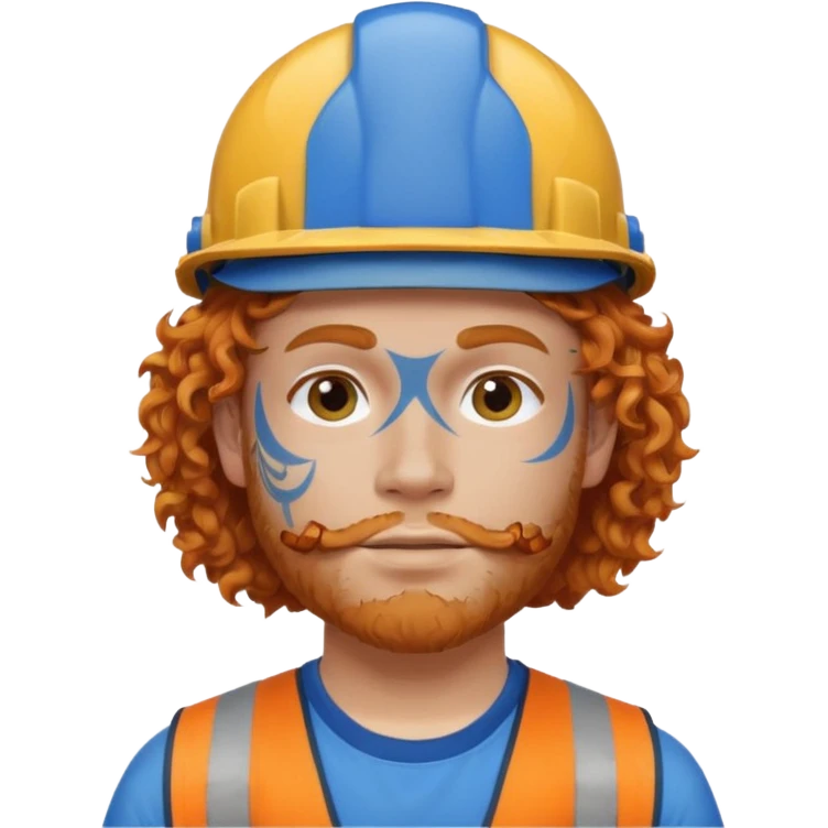 construction worker man ginger curly hair, blue helmet and heavy face tattoo emoji
