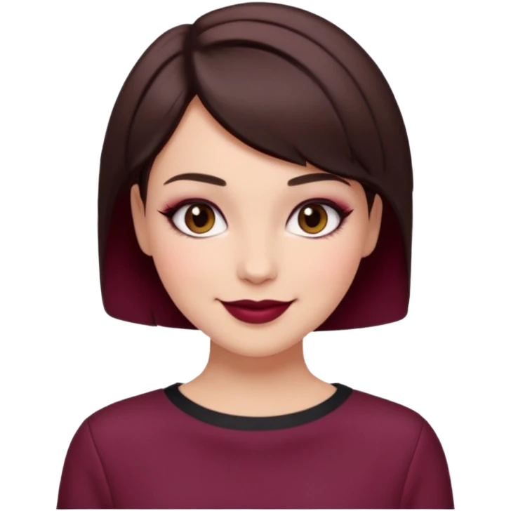 brunette girl, short hair, burgundy clothes, trendy heavy makeup, smiling emoji