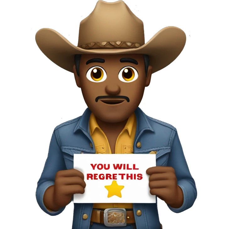 Cowboy holding a sign stating, you will regret this emoji
