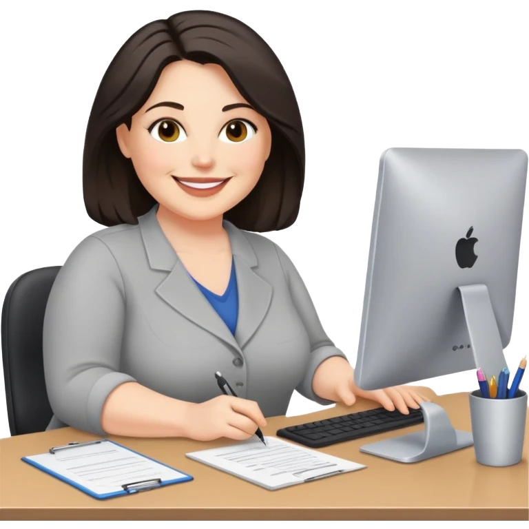 white woman; middle-aged; dark shoulder-length hair; full-figured; smiling; working at a desk emoji