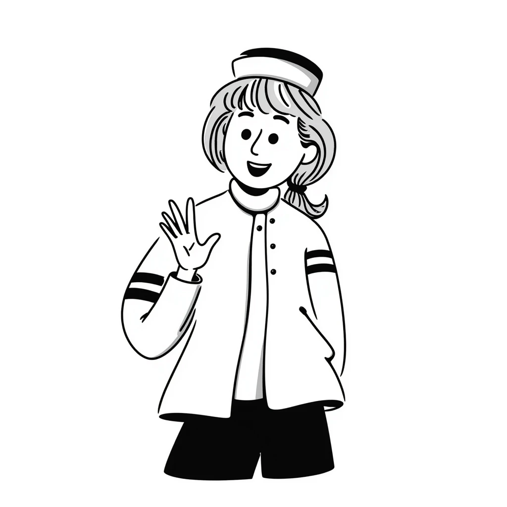 girl with dirty blonde ponytail, cruise captain uniform, waving at the camera emoji