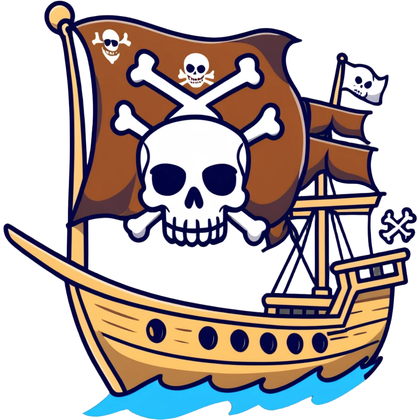 A pirate ship sailing on the open sea, with a skull and crossbones flag flying high, and pirates wearing bandanas and eye patches emoji