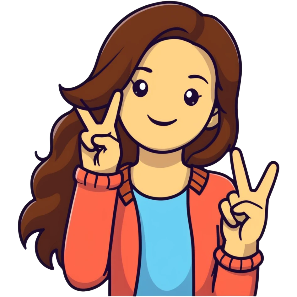 Young woman with long brown hair, smiling, making peace sign, TikTok star emoji