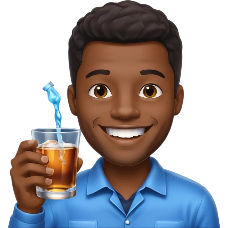 Black man holding dark blue mouthwash and a cup of whiskey, smiling with sparkling teeth, black background emoji