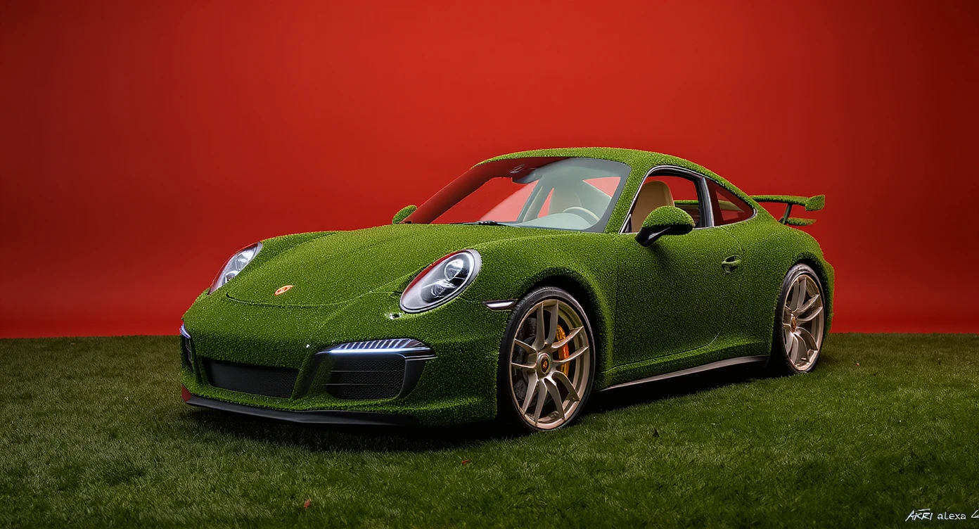 Medium shot of a porsche 911 made of green grass, red solid studio background, low keu light, top soft light, dutch angle,  captured by arri alexa emoji