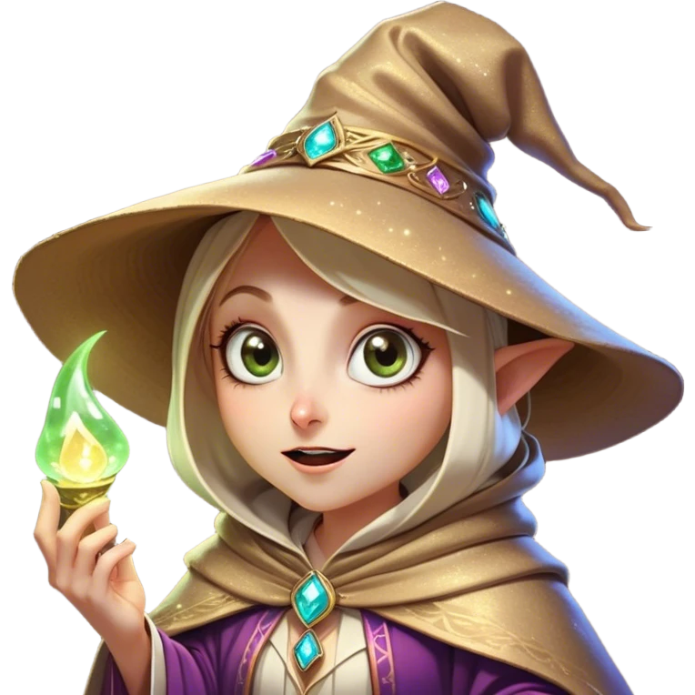 Clash of Clans aesthetic Comical Mage Portrait Emoji, Head tilted dramatically with an exaggerated, fun expression and wide, comically expressive eyes beneath an oversized hat, featuring a quirky, compact robed form with animated magical sparkles and natural skin tone, Simplified yet hilariously expressive features, highly detailed, glowing with a slightly sassy enchanted glow, high shine, dramatic yet playful, stylized with an air of cheeky arcane mischief, soft glowing outline, capturing the essence of a meme-worthy mage who conjures laughter in epic quests! emoji