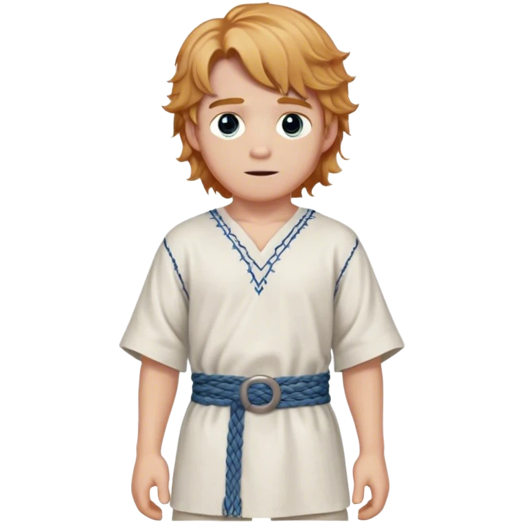 Medieval spring outfit worn by a DnD themed fantasy male character. Soft white cotton tunic with blue thread detailing along the seams, paired with a hand-woven belt of mixed fibers. Clothes only above the waist, full waist coverage. The character has no arms. Character is white-skinned with strawberry blonde hair, steel gray eyes, and medium-length wavy hair. emoji