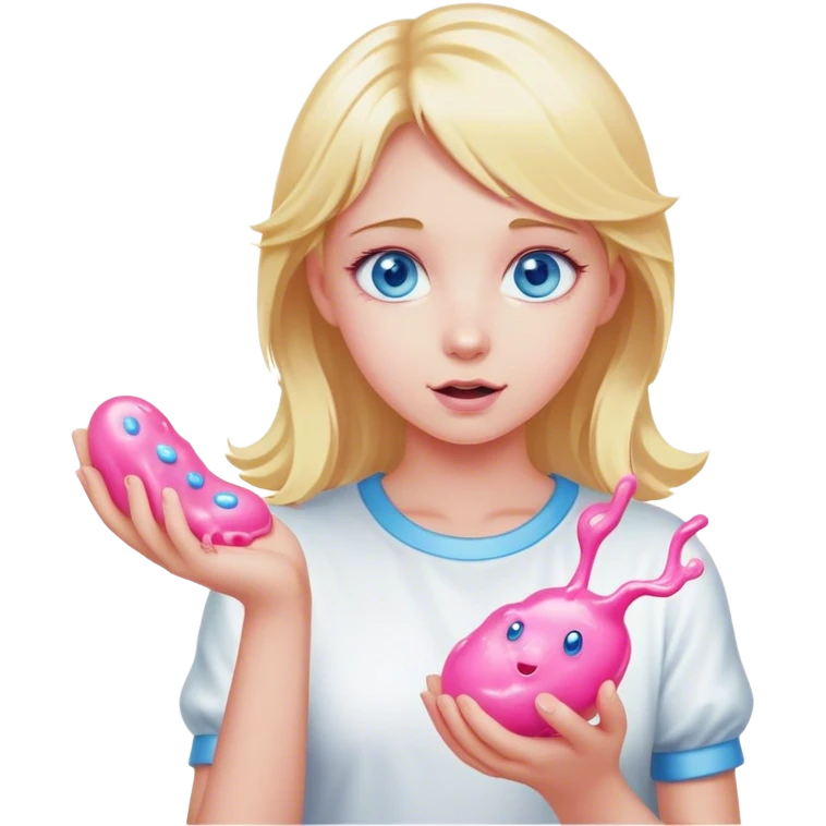 Blonde girl blue eyes playing with pink slime in hands emoji
