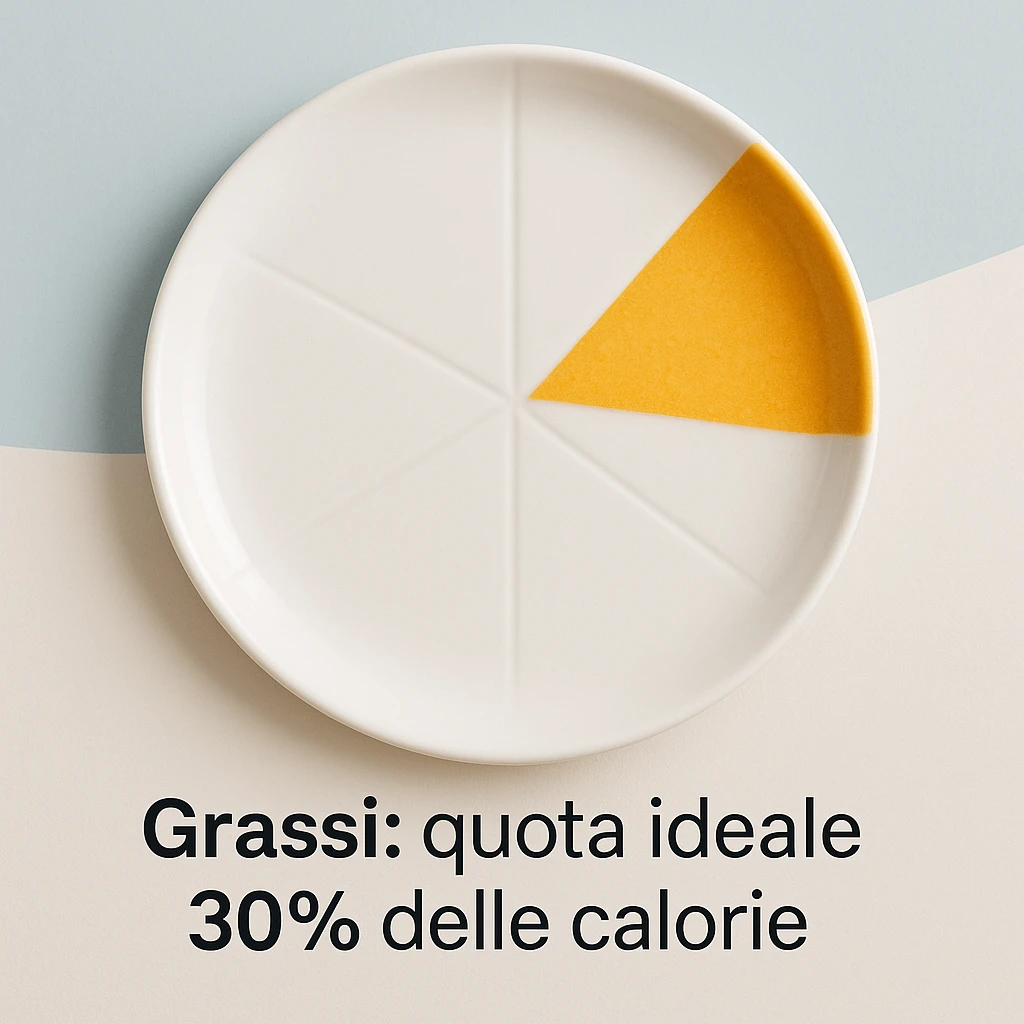 realistic image of a plate divided into colored sections, one slice of 30% occupied by healthy fats, caption in Italian: 'Grassi: quota ideale 30% delle calorie', clear and engaging style, modern background emoji