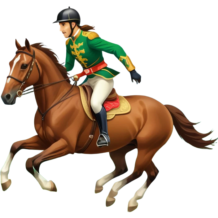 An icon showcasing a majestic horse and rider in full gallop across a lush green field. The background features a clear sky, distant mountains, and a vibrant landscape. The rider wears traditional gear, while the horse leaps with grace and power. Transparent background emoji