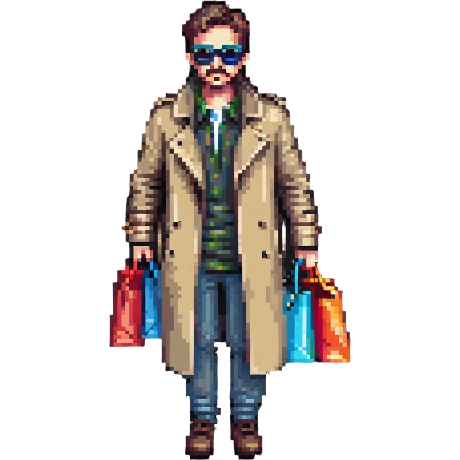 mystery shopper wearing trench coat and sunglasses, holding shopping bag, pixel art style emoji