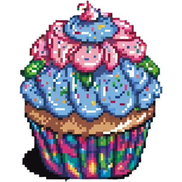 large cupcake with pink frosting covered in rainbow sprinkles in pixel art style emoji