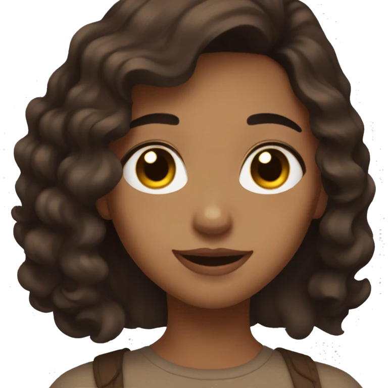 Girl with brownish skin, light brown eyes and dark brown hair, aesthetic, waving emoji