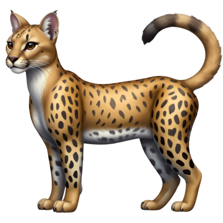 Realistic patterned marked edgy greyish blackish whitish silvery Shiny Colorful Glossy Cougar-Leopard-Caracal-Lioness-Bobcat-fusion-animal-hybrid-creature, full body, tufted ears, long thin tufted tail emoji
