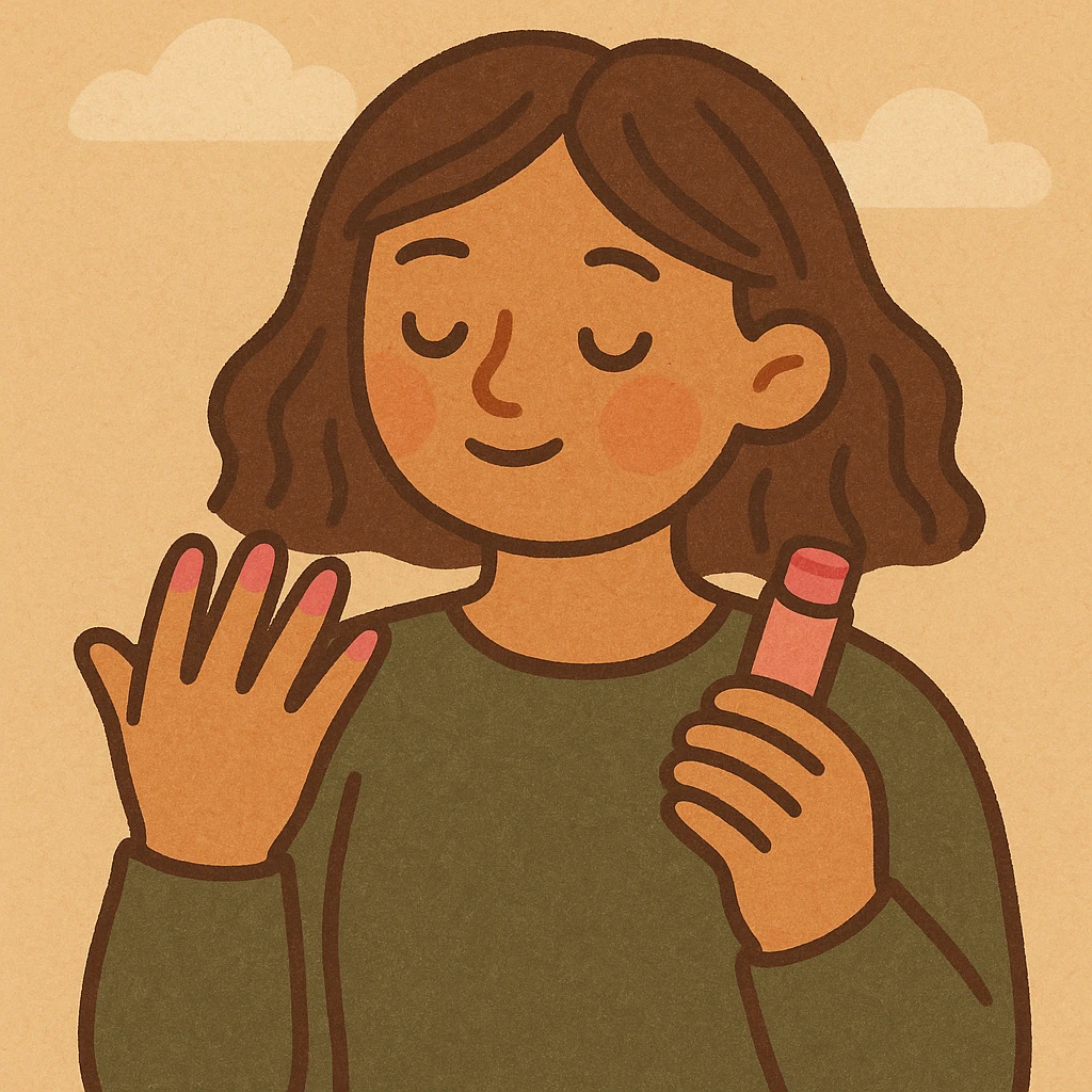 brunette girl presenting her pink nails and pink lip balm, modern and trendy look emoji