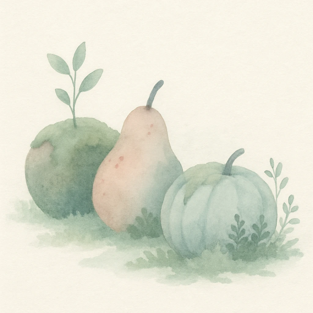 forgotten fruit, overgrown, mossy, nature reclaiming emoji