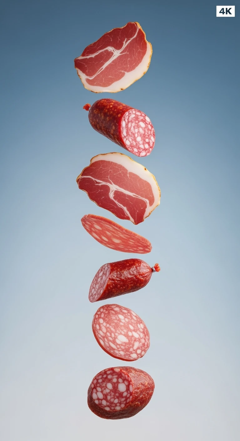 fettine di prosciutto cotto e di salame fluttuano in aria verticalmente, IPERREALISTICA 4K emoji