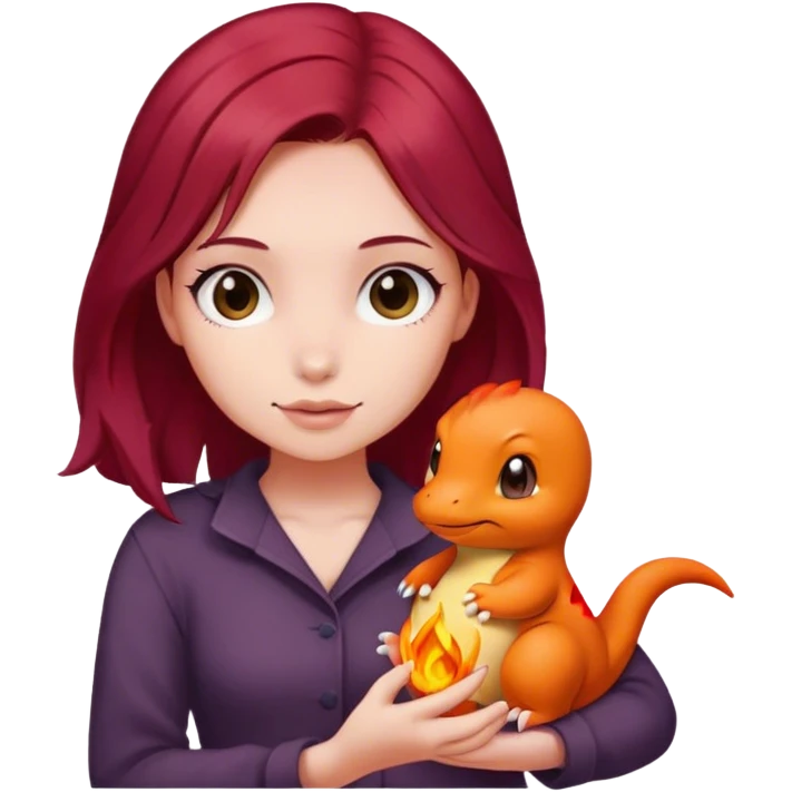 Beautiful burgundy haired girl holding charmander emoji