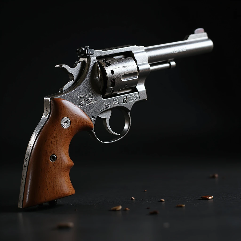 a realistic gun with heart-shaped details, chrome and steel, dramatic shadows, photorealistic style emoji