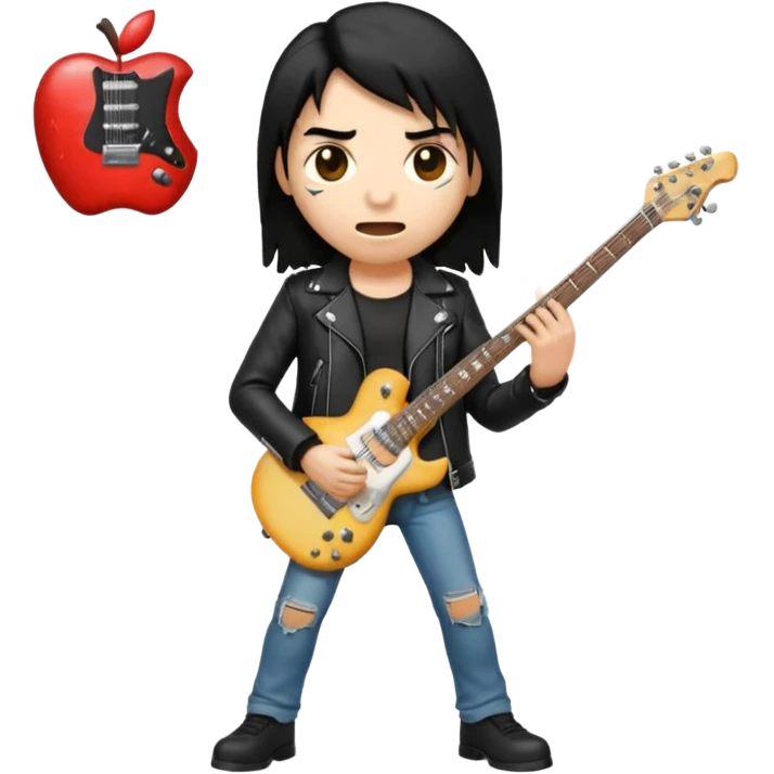 3D Apple-style emoji of a metal musician holding an electric guitar with a bold "ROCK" sign above. Long hair, black leather jacket, ripped jeans, intense expression. Rounded, glossy, smooth, soft shadows, white background.











 emoji
