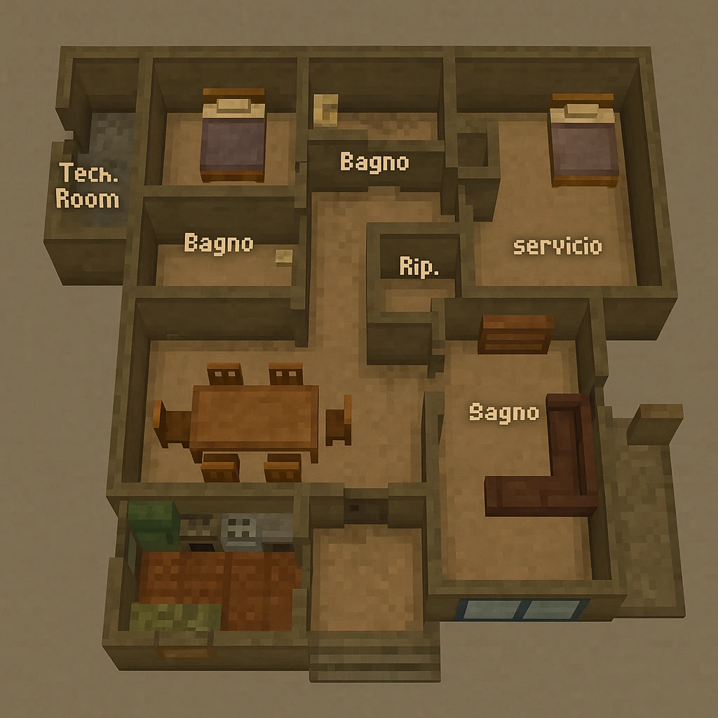 3D draft of the same floor plan: four bedrooms, two bathrooms, kitchen, living area, storage room, large window, dining table, sofa/TV, technical room. Top view, simple style, neutral colors. emoji