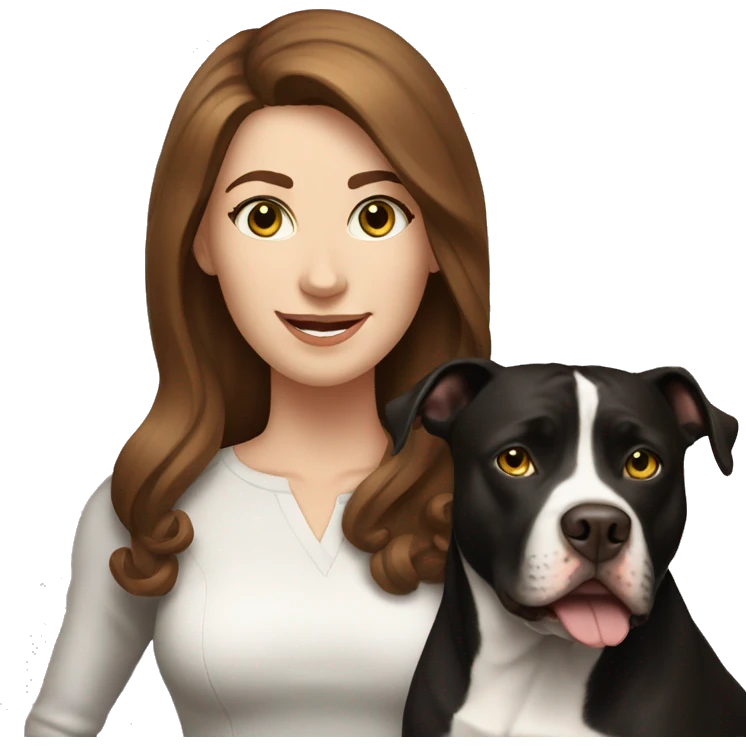 white woman with long brown hair and cat shaped eyes standing alongside a happy black pitbull  emoji
