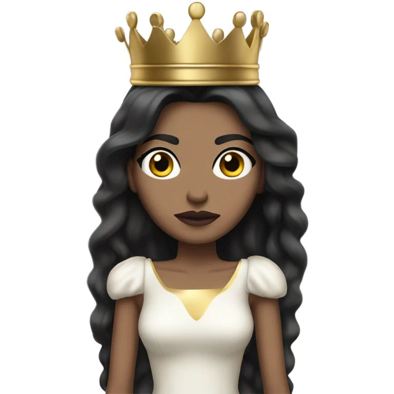 Queen with light to medium skin, long black hair,  mauve lips, skinny gold crown, white dress, and blank stare. emoji