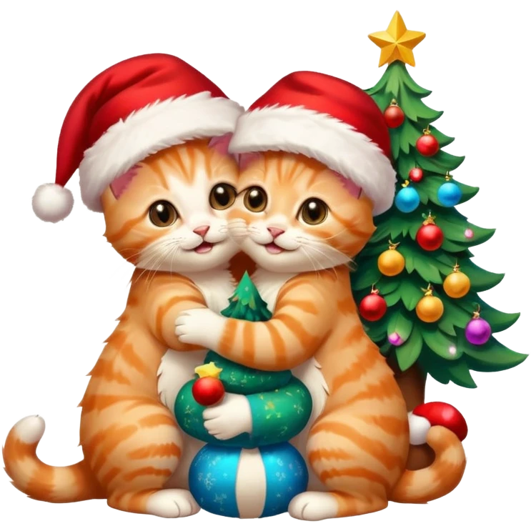 two hugging cream happy fluffy cute smiling kittens with Santa hats by a colorful multicolored brightly lit up Christmas tree emoji