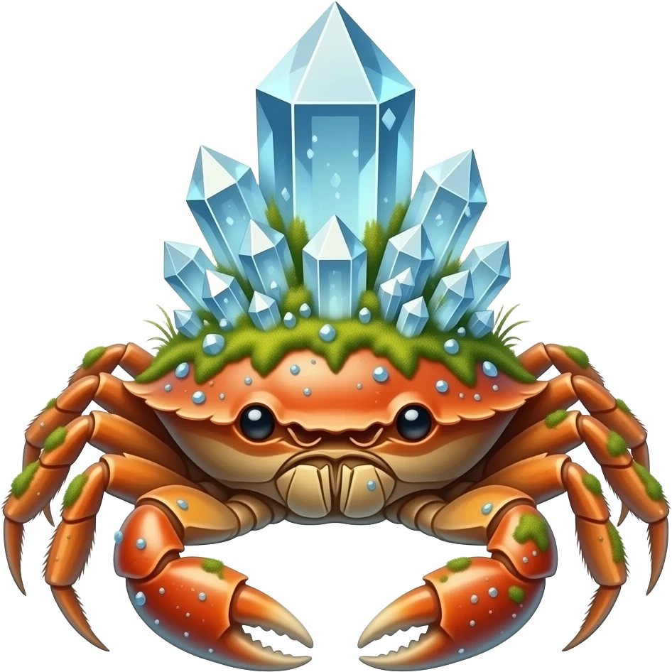 A crab with  in a crystals in a big Crystal on its back with tiny crystals in with moss growing on it and y emoji