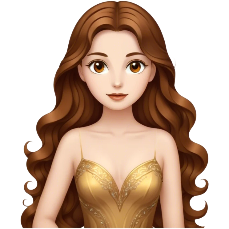 Cinematic Stunning Belle Portrait Emoji, Deep brown eyes full of curiosity, long chestnut hair flowing in soft waves, wearing her golden ballroom gown, glowing with warmth and elegance, a princess whose beauty is as radiant as her mind! emoji