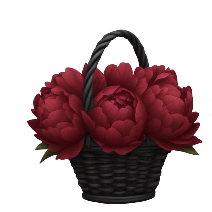 a large black basket of flowers consisting of dark red peonies in shades of burgundy and tulips in shades of red emoji