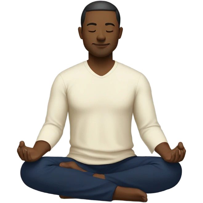 man meditating sitting down with cream shirt and navy blue pants emoji