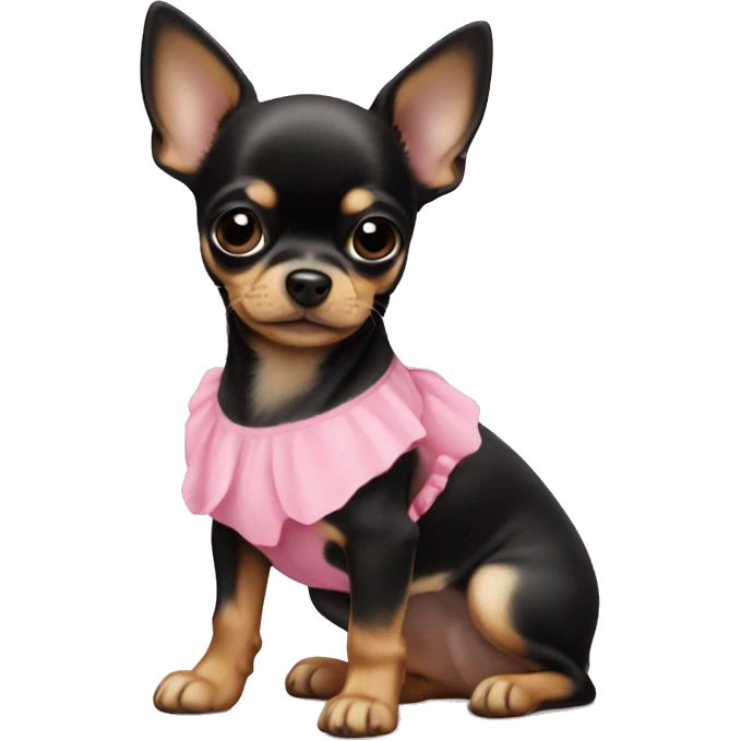 black & tan chihuahua puppy wearing a pink dress emoji