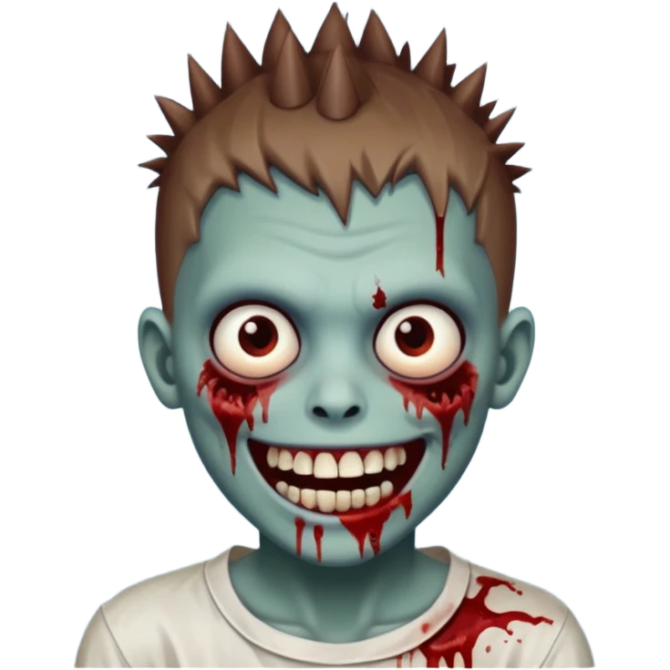 zombie boy with brown short spiky hair, white skin, and white eyes; an open smile, and bloodied teeth; emoji