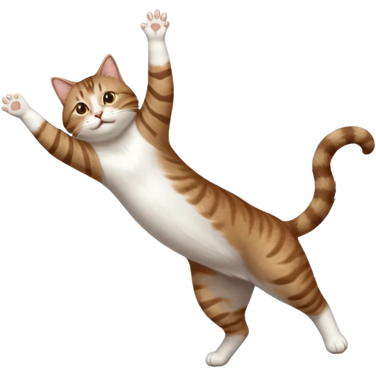 brown tabby and white cat with doing a big extremely long stretch reaching up into the air with arms and legs side by side together straight and overextended whilst lying on its side emoji