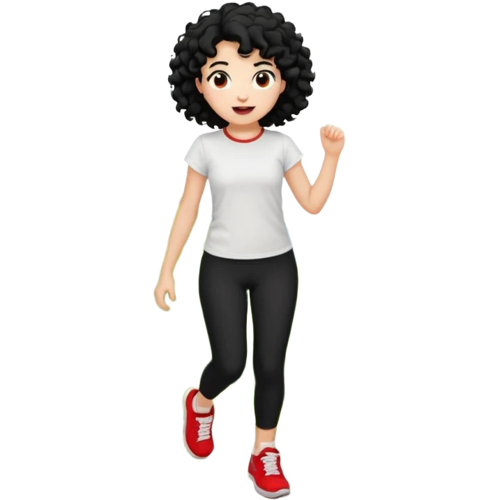 generate a pretty bratz fair skinned girl with curly black hair wearing a white tshirt trekking on a hill with red sneakers on and black leggings emoji